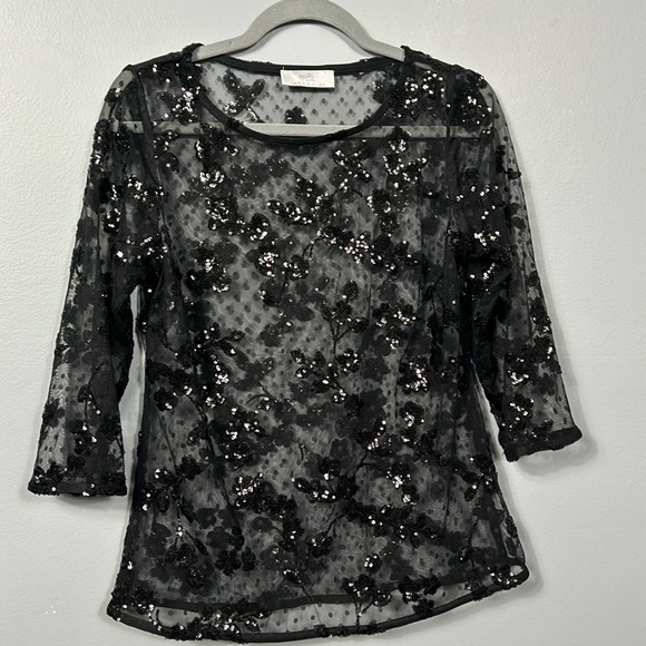 Wallis Black Mesh Net Sheer Sequin 3/4 Sleeve Tunic Top size US 8 - Picture 1 of 10
